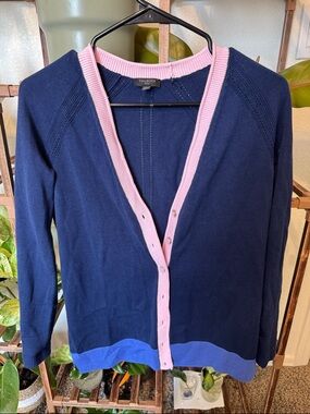 Talbots Navy Cardigan with Pink Trim and Royal Blue Hem Band